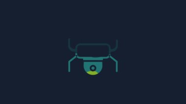 Yellow Drone flying icon isolated on blue background. Quadrocopter with video and photo camera symbol. 4K Video motion graphic animation.