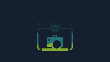 Yellow Gimbal stabilizer with DSLR camera icon isolated on blue background. 4K Video motion graphic animation.
