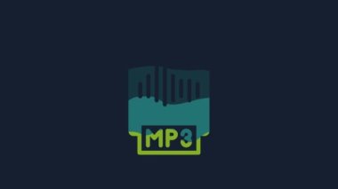 Sarı MP3 dosya dökümanı. MP3 düğmesi simgesi mavi arkaplanda izole edildi. Mp3 müzik format işareti. MP3 dosya sembolü. 4K Video hareketli grafik canlandırması.