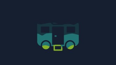 Yellow Machine trailer dressing room for actors icon isolated on blue background. Movie crew rest room. Star sleeping place. Film vehicle. 4K Video motion graphic animation.