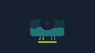 Sarı Online video oynatma simgesi mavi arkaplanda izole edildi. Oyun işaretli film şeridi. 4K Video hareketli grafik canlandırması.