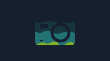 Yellow Photo camera icon isolated on blue background. Foto camera. Digital photography. 4K Video motion graphic animation.