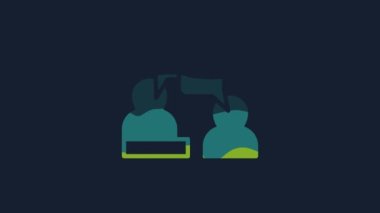 Yellow Two sitting men talking icon isolated on blue background. Speech bubble chat. Message icon. Communication or comment chat symbol. 4K Video motion graphic animation.