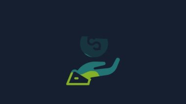 Yellow Coins on hand - minimal wage icon isolated on blue background. 4K Video motion graphic animation.