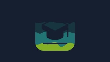 Sarı mezuniyet başlığı simgesi mavi arkaplanda izole edildi. Tassel ikonlu mezuniyet şapkası. 4K Video hareketli grafik canlandırması.