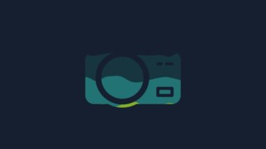 Yellow Photo camera icon isolated on blue background. Foto camera. Digital photography. 4K Video motion graphic animation.