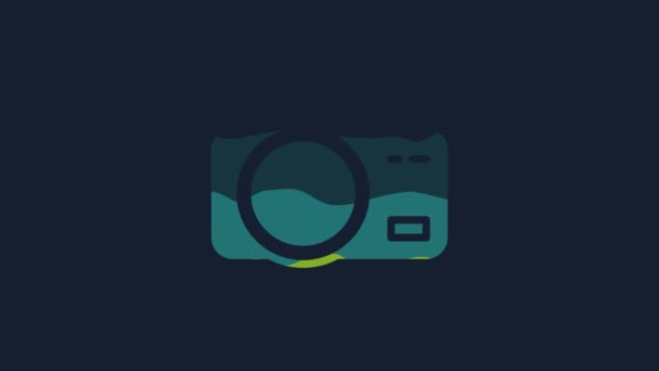 黄色の写真のカメラのアイコンは青の背景に隔離された フォトカメラ デジタル写真 4Kビデオモーショングラフィックアニメーション — ストック動画