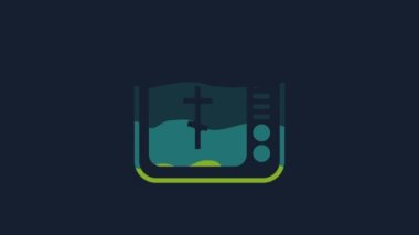 Yellow Online church pastor preaching video streaming icon isolated on blue background. Online church of Jesus Christ. 4K Video motion graphic animation.