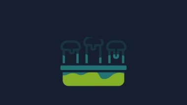 Yellow Burning candle in candlestick icon isolated on blue background. Cylindrical candle stick with burning flame. 4K Video motion graphic animation.