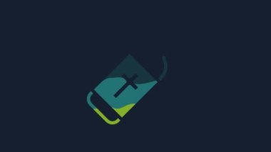 Yellow Holy water bottle icon isolated on blue background. Glass flask with magic liquid. 4K Video motion graphic animation.