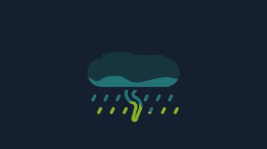 Yellow Cloud with rain and lightning icon isolated on blue background. Rain cloud precipitation with rain drops.Weather icon of storm. 4K Video motion graphic animation.