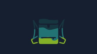 Yellow Hiking backpack icon isolated on blue background. Camping and mountain exploring backpack. 4K Video motion graphic animation.