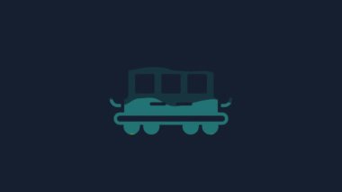Sarı Yolcu Tren Arabaları oyuncak ikonu mavi arka planda izole edildi. Tren vagonu. 4K Video hareketli grafik canlandırması.