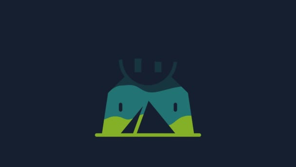 黄色の観光テントのアイコンの青の背景に隔離された キャンプのシンボル 4Kビデオモーショングラフィックアニメーション — ストック動画