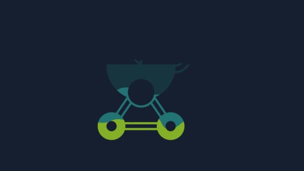 黄色のベビーベビーカーアイコンは青の背景に隔離されています 赤ちゃんの馬車 バギー プラム ベビーカー ホイール 4Kビデオモーショングラフィックアニメーション — ストック動画