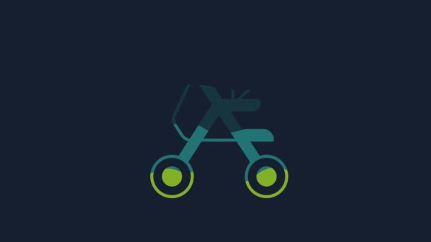 黄色のベビーベビーカーアイコンは青の背景に隔離されています 赤ちゃんの馬車 バギー プラム ベビーカー ホイール 4Kビデオモーショングラフィックアニメーション — ストック動画