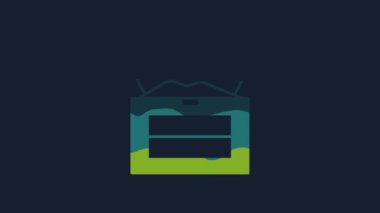 Yellow Antique treasure chest icon isolated on blue background. Vintage wooden chest with golden coin. 4K Video motion graphic animation.