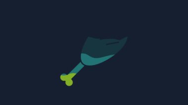 Yellow Chicken leg icon isolated on blue background. Chicken drumstick. 4K Video motion graphic animation.