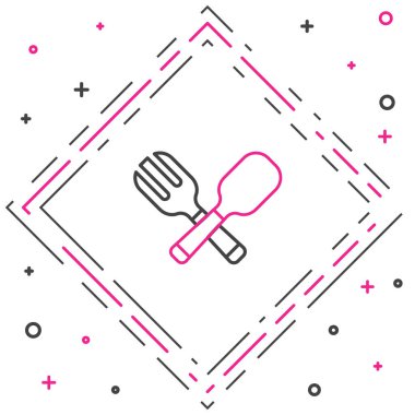 Çizgiyi aşan çatal ve kaşık simgesi beyaz arkaplanda izole edilmiş. Mutfak aletleri. Çatal bıçak seti. Renkli taslak konsepti. Vektör