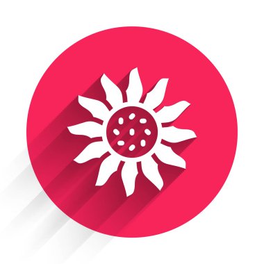 Beyaz Çiçek simgesi uzun gölgeli. Kırmızı daire düğmesi. Vektör.