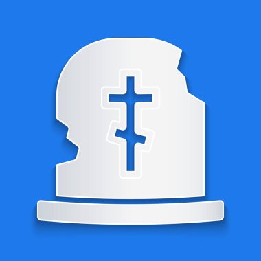 Kağıt kesiği Mezar taşı simgesi ile mavi arka planda izole edilmiş. Kağıt sanatı tarzı. Vektör.