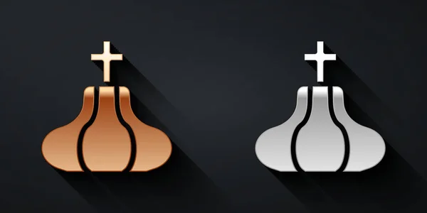 Gold and silver Christian church tower icon isolated on black background. Religion of church. Long shadow style. Vector.