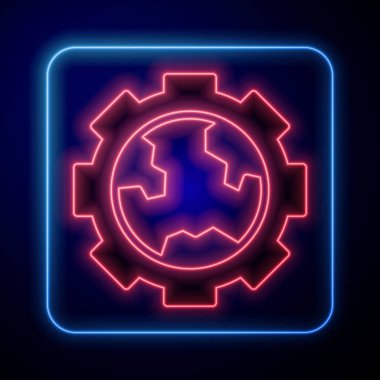 Glowing neon Globe of the Earth and gear or cog icon isolated on black background. Setting parameters. Global Options.  Vector