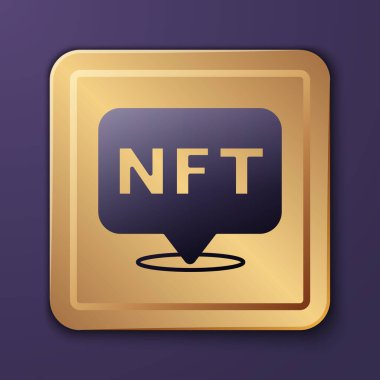 Mor NFT Dijital Şifreleme Sanatı simgesi mor arkaplanda izole edilmiş. Para iadesi olmayan jeton. Altın kare düğme. Vektör