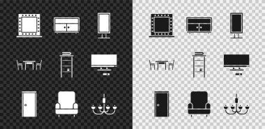 Set Makeup mirror with lights, Chest of drawers, Big full length, Closed door, Armchair, Chandelier, Wooden table and Bathroom rack shelves for towels icon. Vector