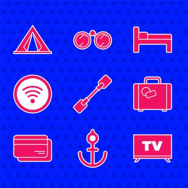 Set Paddle, Anchor, Smart Tv, Suitcase, Credit card, Wi-Fi wireless internet network, Bed and Tourist tent icon. Vector