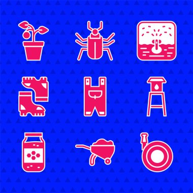 Set Garden worker clothes, Wheelbarrow with dirt, hose, Water tower, Jar of honey, Waterproof rubber boot, Automatic irrigation sprinklers and Plant pot icon. Vector