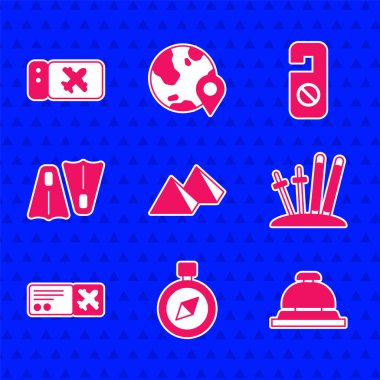 Set Egypt pyramids, Compass, Hotel service bell, Ski and sticks, Airline ticket, Rubber flippers for swimming, Please do not disturb and  icon. Vector