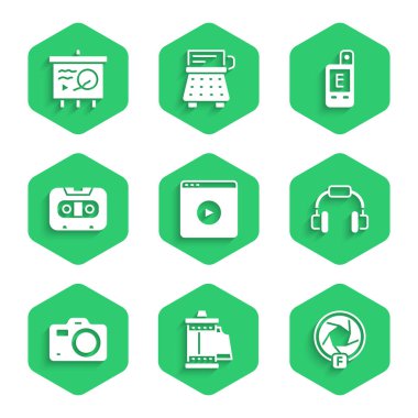 Set Online play video, Camera roll cartridge, shutter, Headphones, Photo camera, Retro audio cassette tape, Light meter and Scenario chalkboard icon. Vector