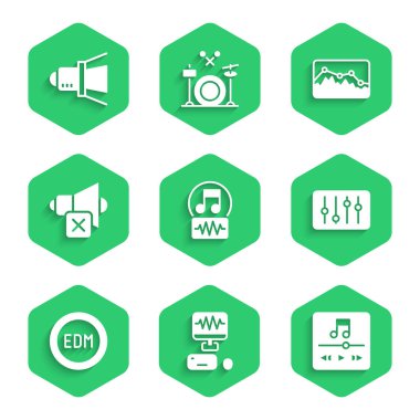Set Music note, tone, recording studio, player, Sound mixer controller, EDM electronic dance music, Speaker mute, wave equalizer and Movie spotlight icon. Vector