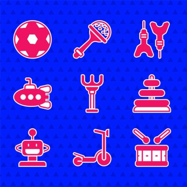 Set Rake toy, Roller scooter, Drum with drum sticks, Pyramid, Robot, Submarine, Dart arrow and Soccer football ball icon. Vector