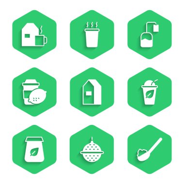Set Paper package for milk, Ball tea strainer, Spoon with sugar, Cup of leaf, Tea packaging, lemon, bag and  icon. Vector