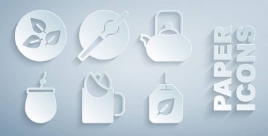 Set Cup of tea with rose, Kettle handle, Mate, Tea bag leaf, Cigarette and  icon. Vector