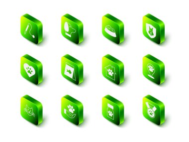 Set Dog, Pet food bowl for cat or dog, Animal health insurance, Location veterinary hospital, award symbol, house, Medicine bottle and pills and Hands with animals footprint icon. Vector