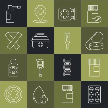 Set line Pills in blister pack, Medicine bottle, pill or tablet, Medical symbol of the Emergency, First aid kit, Awareness ribbon, with nozzle spray and digital thermometer icon. Vector