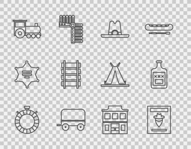 Set line Canteen water bottle, Wanted western poster, Western cowboy hat, Wild covered wagon, Retro train, Railway, railroad track, saloon and Whiskey icon. Vector