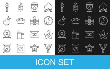 Set line Paper chinese folding fan, Lotus flower, Yin Yang, Jar of honey, Sushi, Rice bowl with chopstick,  and Firework icon. Vector