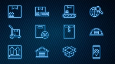 Set line Mobile with app delivery tracking, Hangar, Conveyor belt cardboard box, Delivery boxes, Hand truck and, Cardboard traffic symbol, Envelope and free icon. Vector