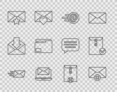 Set line Express envelope, Delete, Mail and e-mail, Laptop with, Envelope star, Document folder,  and check mark icon. Vector