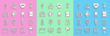 Set line Paint roller brush, Paint, gouache, jar, dye, Graphic tablet, Heart with text art, palette, Picture landscape, Pipette and Easel or painting boards icon. Vector
