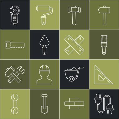 Set line Electric plug, Triangular ruler, Paint brush, Hammer, Trowel, Hand saw, Angle grinder and Crossed icon. Vector