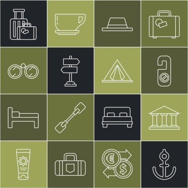 Set line Anchor, Museum building, Please do not disturb, Man hat with ribbon, Road traffic sign, Binoculars, Suitcase and Tourist tent icon. Vector