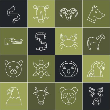 Set line Deer head with antlers, Macaw parrot, Horse, Head of goat ram, Worm, Crocodile, Snake and Crab icon. Vector