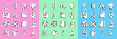 Set line Ringing bell, Table lamp, Head with gear inside, Chemical formula, Drawing compass, Abacus, Plant pot and Book icon. Vector