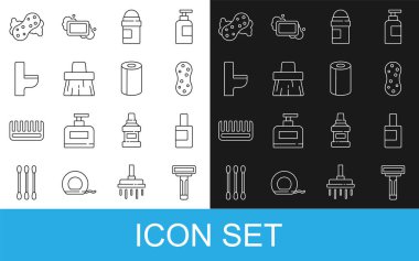 Set line Shaving razor, Bottle for cleaning agent, Sponge, Antiperspirant deodorant roll, Handle broom, Toilet bowl,  and Paper towel icon. Vector