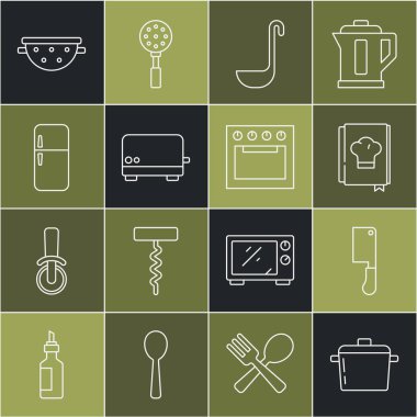 Set line Cooking pot, Meat chopper, Cookbook, Kitchen ladle, Toaster, Refrigerator, colander and Oven icon. Vector